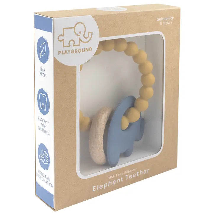 Silicone Elephant Teether with Beechwood Ring | Steel Blue