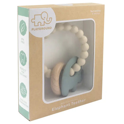 Silicone Elephant Teether with Beechwood Ring | Sage