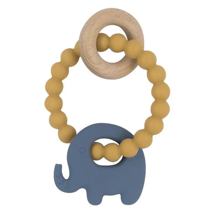 Silicone Elephant Teether with Beechwood Ring | Steel Blue